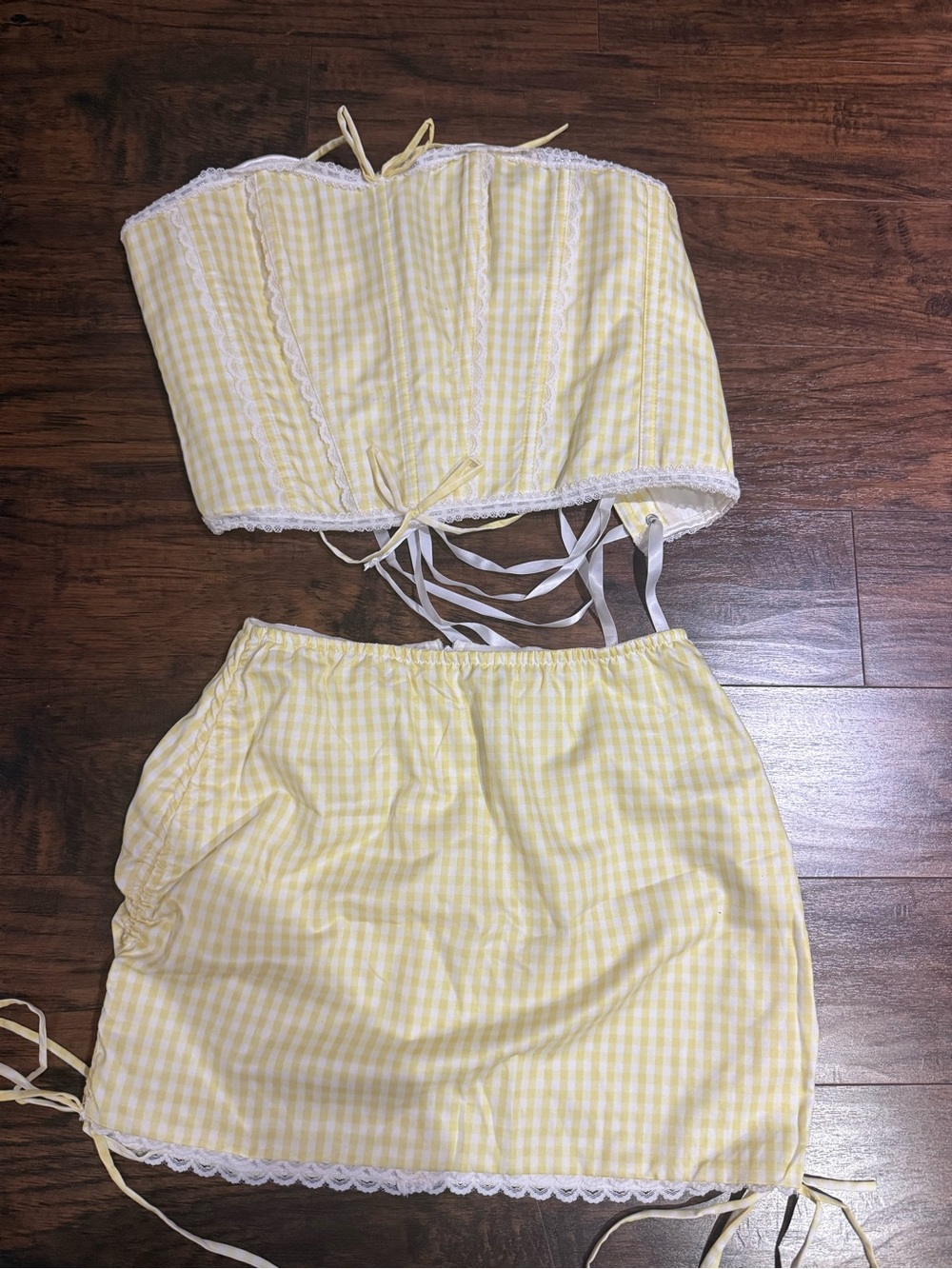 Yellow Gingham Bustier and Skirt Loungewear Set